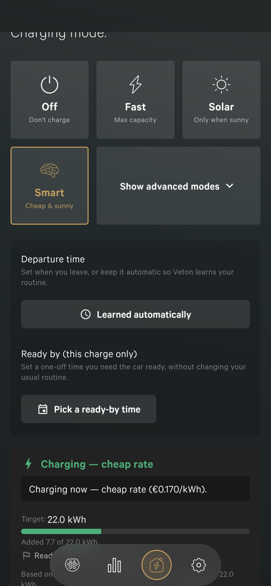Het scherm Laadmodus met Smart geselecteerd. Onder de tegels een kaart met Departure time op Learned automatically en Ready by (this charge only) met een knop Pick a ready-by time, dan de groene kop Charging, cheap rate met de regel Charging now, cheap rate (€0.170/kWh), een Target van 22.0 kWh en een voortgangsbalk met Added 7.7 of 22.0 kWh