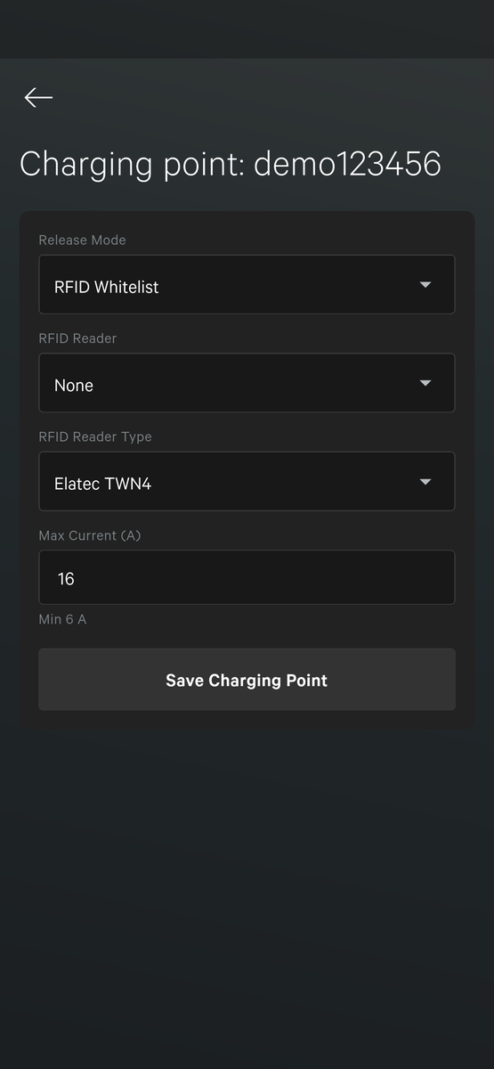 Een laadpuntkaart in de app: de keuzelijst "Release Mode", de keuzelijsten "RFID Reader" en "RFID Reader Type", het veld "Max Current" en de knop "Save Charging Point".