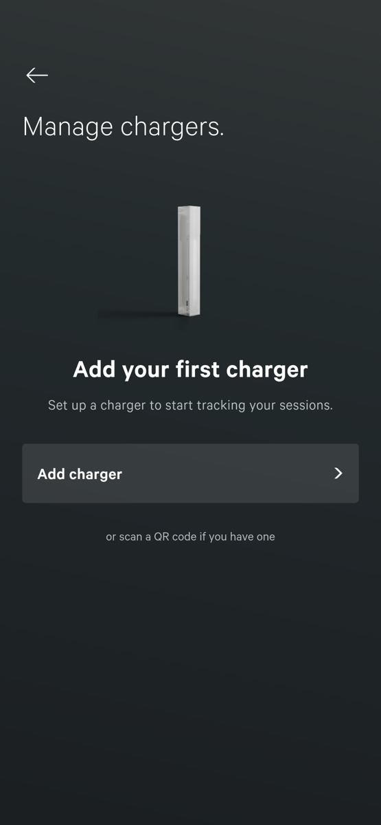 Het scherm Manage chargers voor er een laadpaal is toegevoegd: een afbeelding van een Veton-laadpaal, de kop Add your first charger, de regel Set up a charger to start tracking your sessions, een knop Add charger en de regel or scan a QR code if you have one