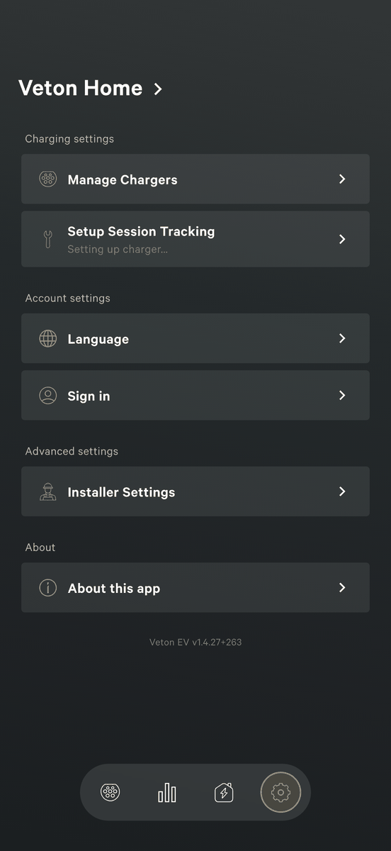 Het tabblad Instellingen van de Veton-app met de rijen Manage Chargers, Setup Session Tracking, Language, Sign in, Installer Settings en About this app