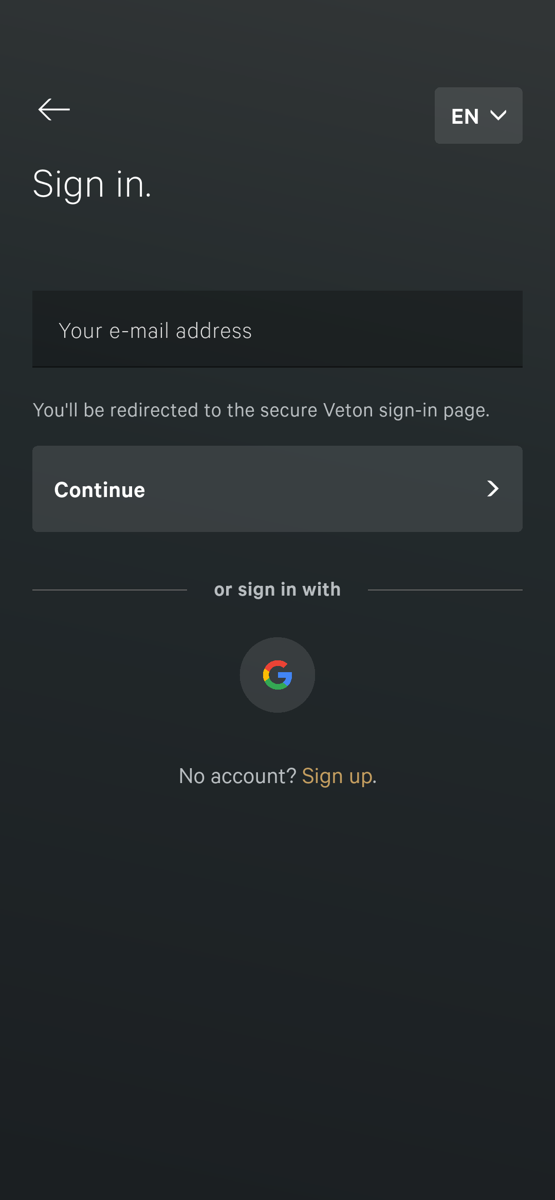Het aanmeldscherm van de Veton-app: een veld Your e-mail address, de regel You'll be redirected to the secure Veton sign-in page, een knop Continue, een Google-knop onder or sign in with, en de link No account? Sign up