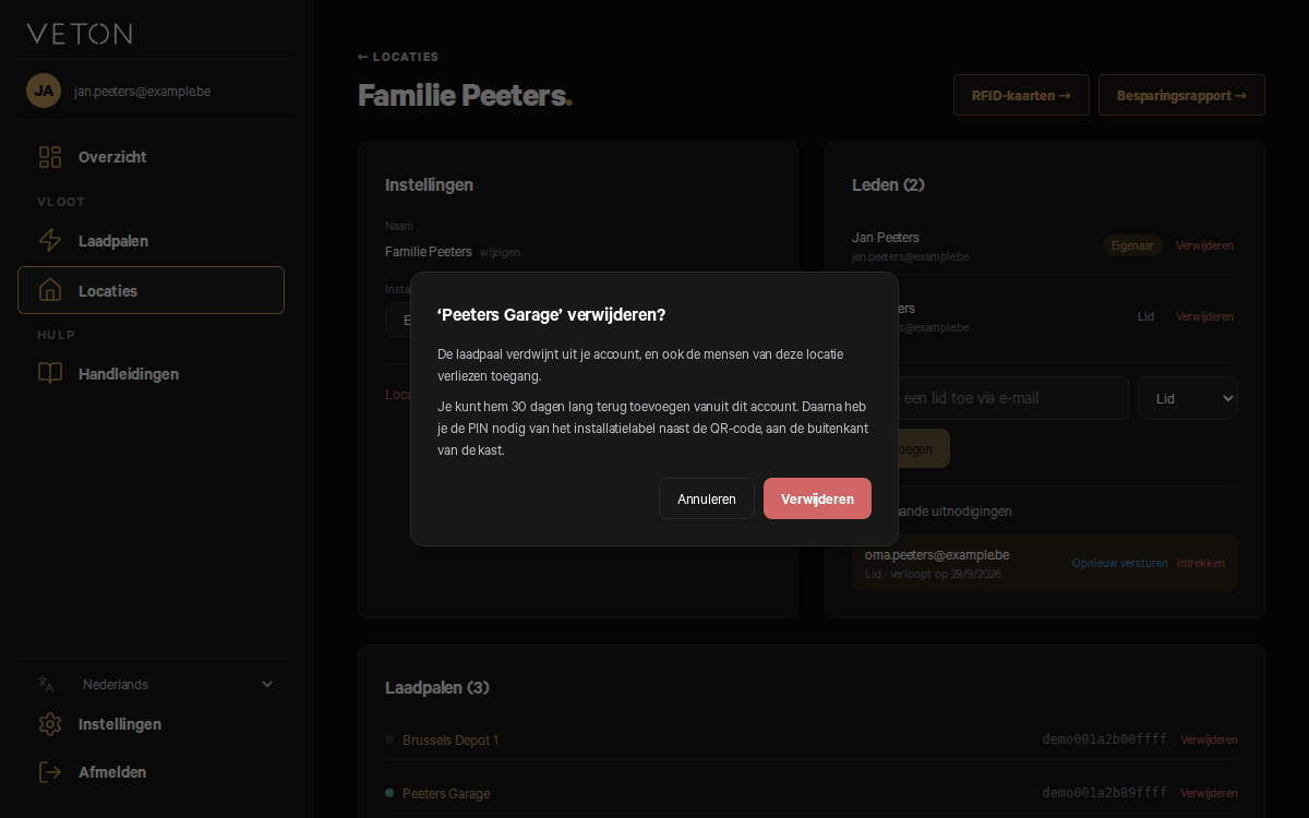 De bevestiging "'Peeters Garage' verwijderen?" op een locatiepagina: de laadpaal verdwijnt uit je account en de mensen van deze locatie verliezen toegang, je kunt hem 30 dagen lang terug toevoegen vanuit dit account en daarna heb je de PIN nodig van het installatielabel aan de buitenkant van de kast, met de knoppen "Annuleren" en "Verwijderen".