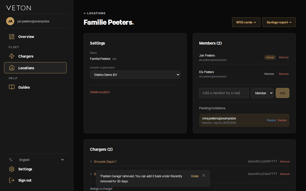 The location page after a removal: the Chargers card now lists two chargers, and a message at the bottom says 'Peeters Garage' removed. You can add it back under Recently removed for 30 days, with Undo next to it.