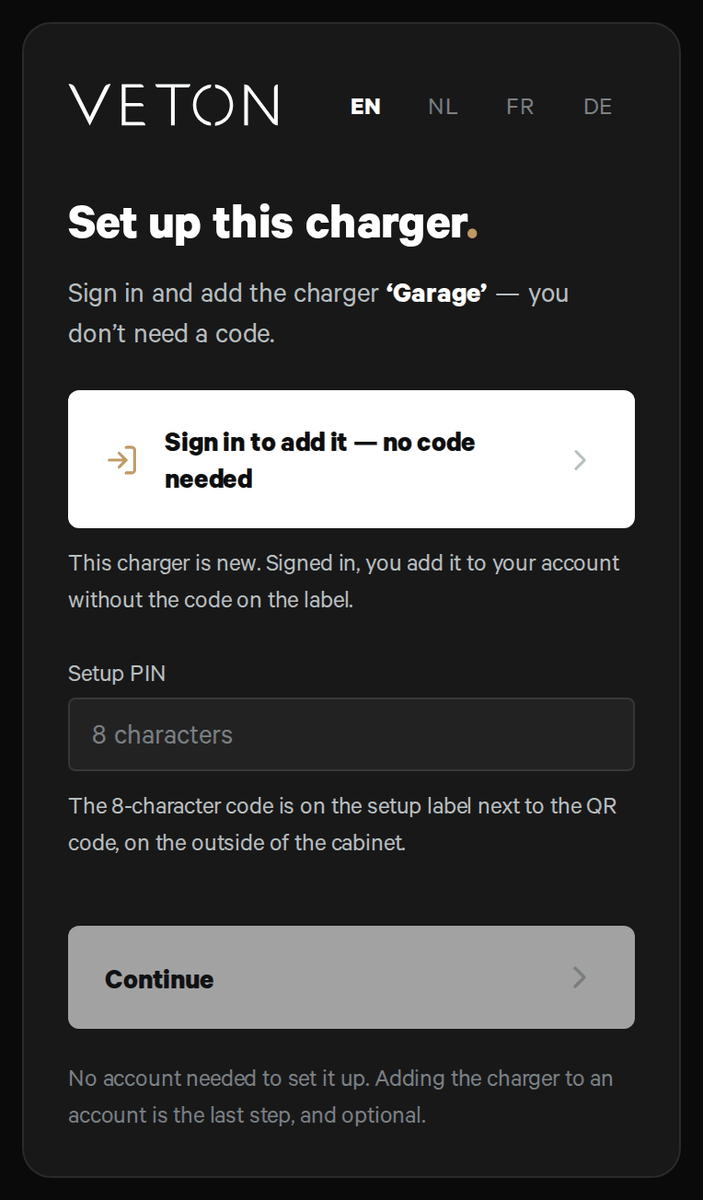 The same page after Continue without an account: Sign in to add it — no code needed still at the top, then the empty Setup PIN field showing 8 characters, the hint that the code is on the setup label next to the QR code on the outside of the cabinet, and a Continue button.