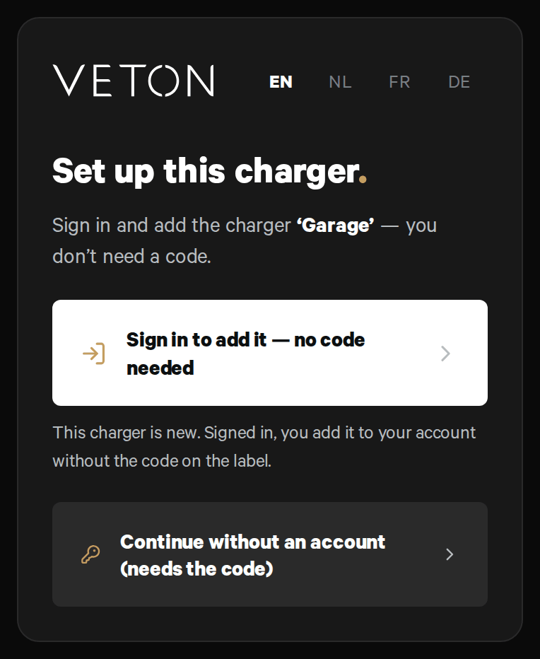 The Set up this charger page on a phone for a charger nobody has added yet: Sign in to add it — no code needed as the main button, the line that a new charger is added without the code when you are signed in, and Continue without an account (needs the code) below it.