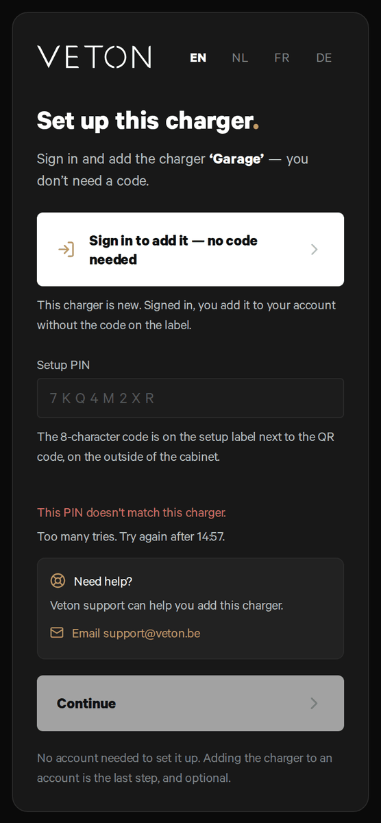 The setup page after 5 refused codes: the Setup PIN field greyed out, the line Too many tries. Try again after 14:57, and the Need help? block with a link to e-mail Veton support.
