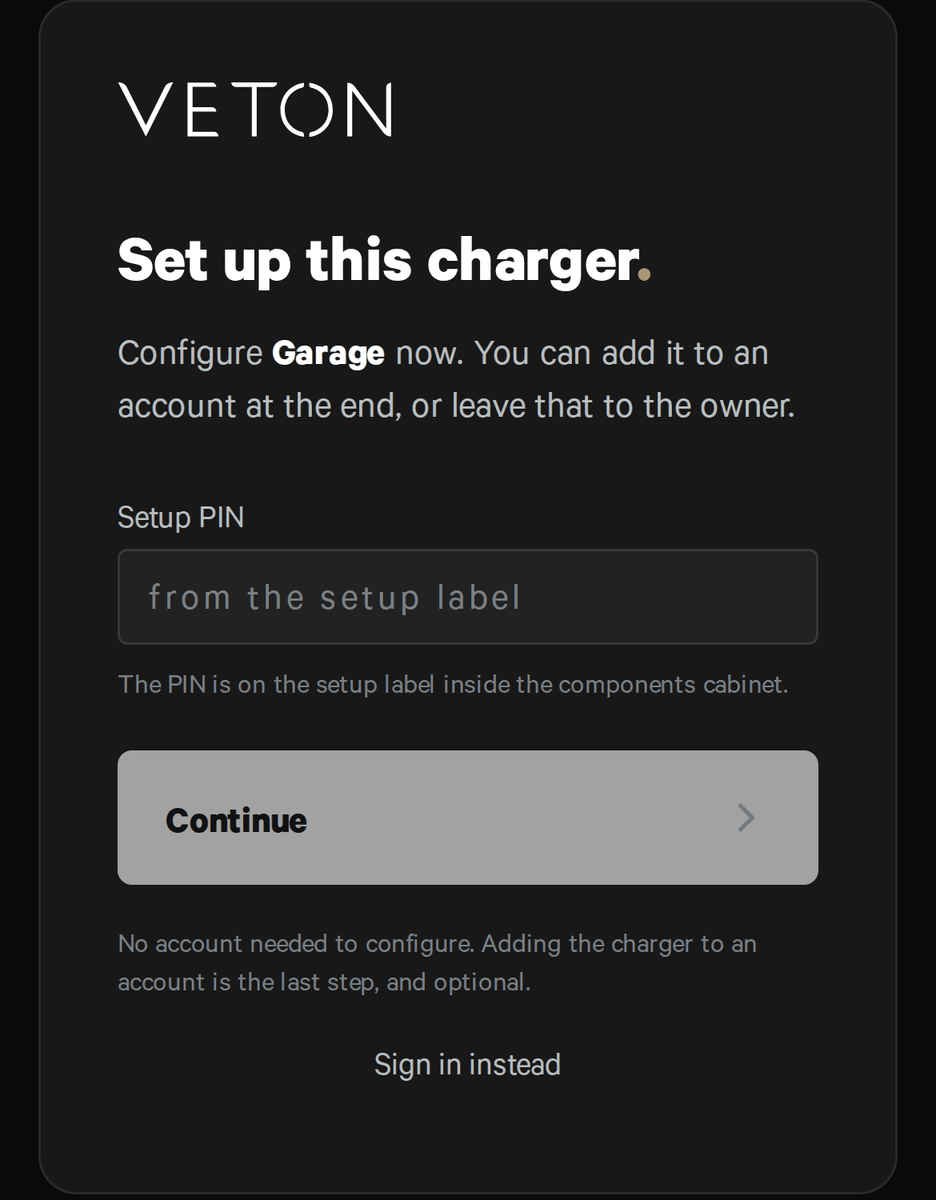The Set up this charger page on a phone: the charger's name, a Setup PIN field with the hint that the PIN is on the QR label, a Continue button, and a Sign in instead link.
