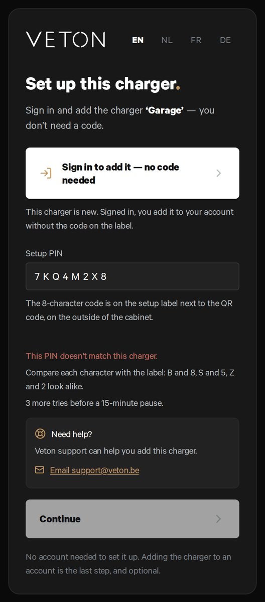 The setup page after a second refused code: This PIN doesn't match this charger in red, the line to compare each character with the label, 3 more tries before a 15-minute pause, and a Need help? block with a link to e-mail Veton support.