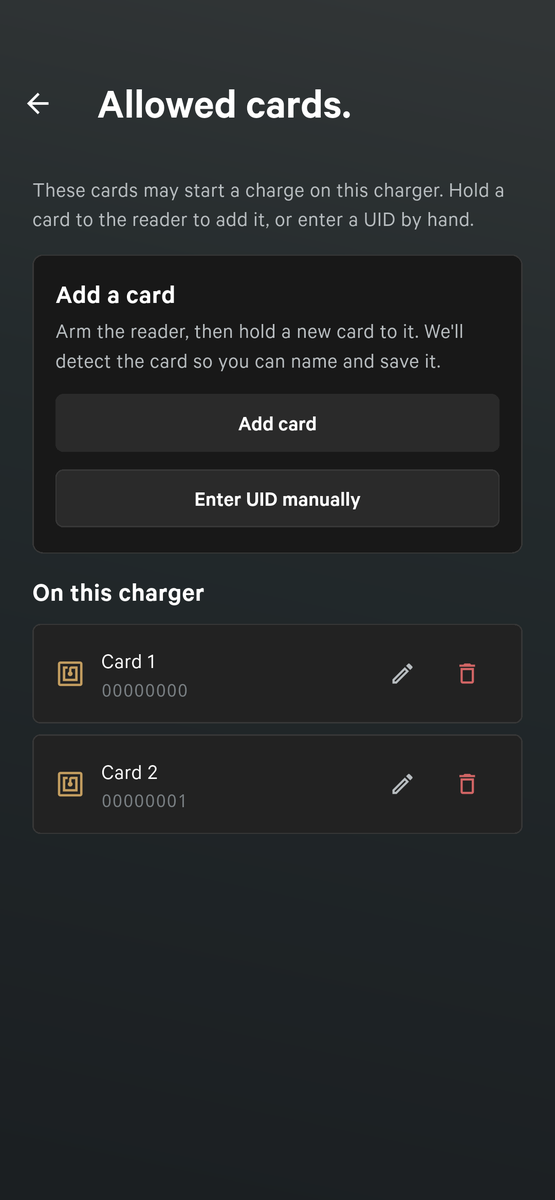 The Allowed cards screen in the app: the Add a card panel with Add card and Enter UID manually, and the list On this charger with a rename and a remove button per card.