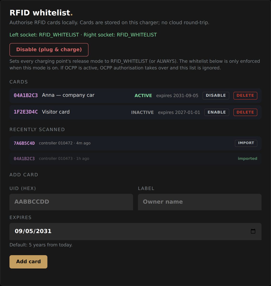 The RFID whitelist card on the local page: the release mode per charging point, the list of cards with Disable and Delete buttons, the recently scanned cards with Import, and the Add card form with number, label and expiry.