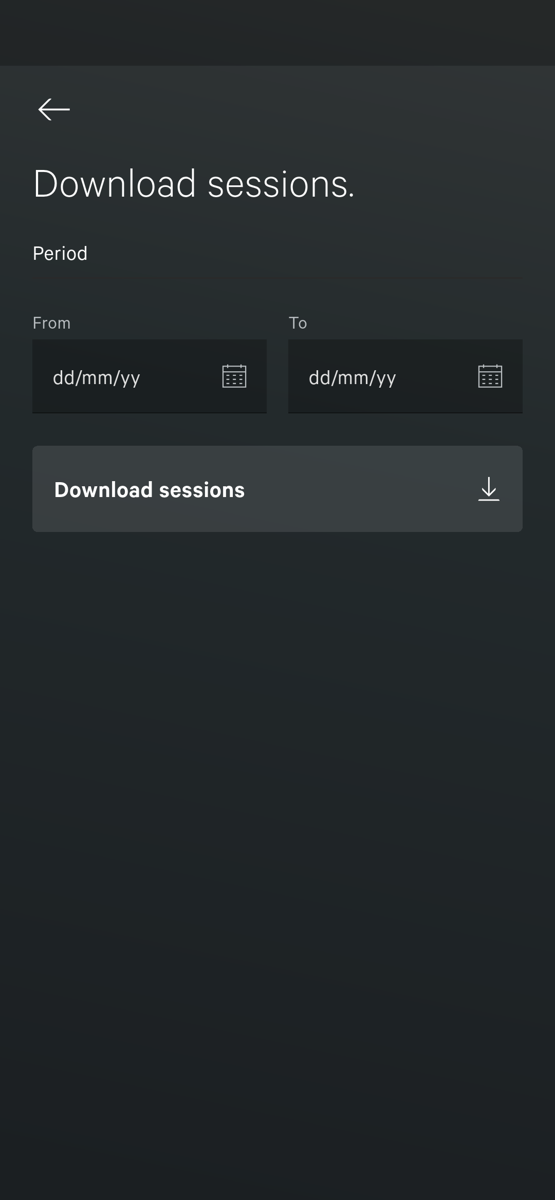 The Download sessions screen: a Period section with From and To date fields showing dd/mm/yy and calendar icons, and a Download sessions button with a download arrow