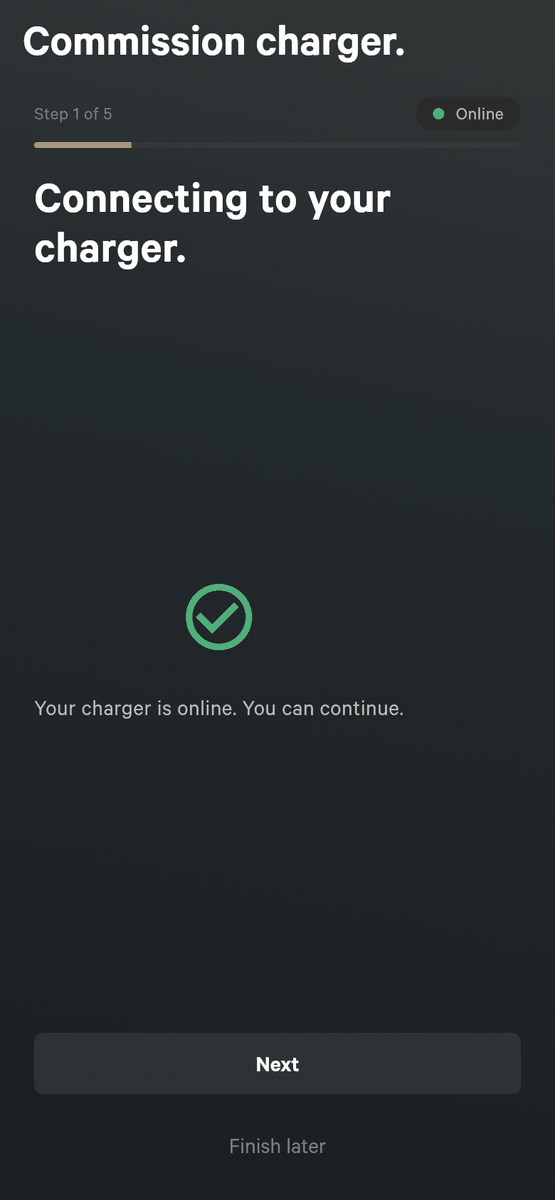 Setup step 1 of 5, Connecting to your charger, with a green tick and the text Your charger is online. You can continue. The header shows an Online badge.