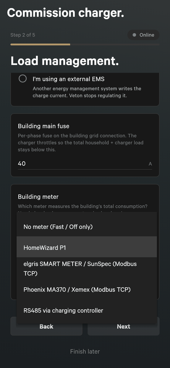 The Building meter list opened on setup step 2, with the choices No meter (Fast and Off only), HomeWizard P1, elgris SMART METER or SunSpec over Modbus TCP, another Modbus TCP meter, and RS485 via charging controller