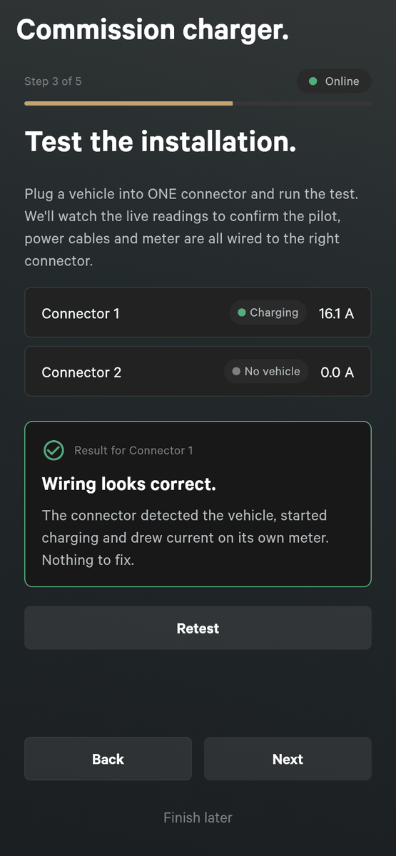 Setup step 3 of 5, Test the installation, showing Connector 1 Charging at 16.1 A, Connector 2 No vehicle, a green result card Wiring looks correct, and a Retest button