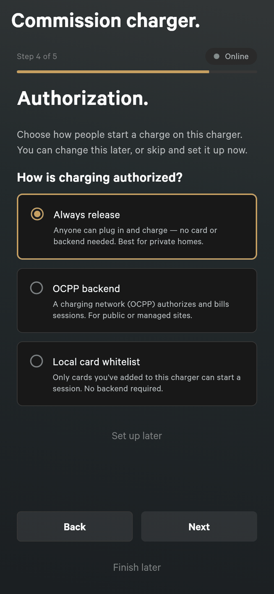 Setup step 4 of 5, Authorization, asking How is charging authorized, with three choices: Always release selected, OCPP backend, and Local card whitelist, plus a Set up later link