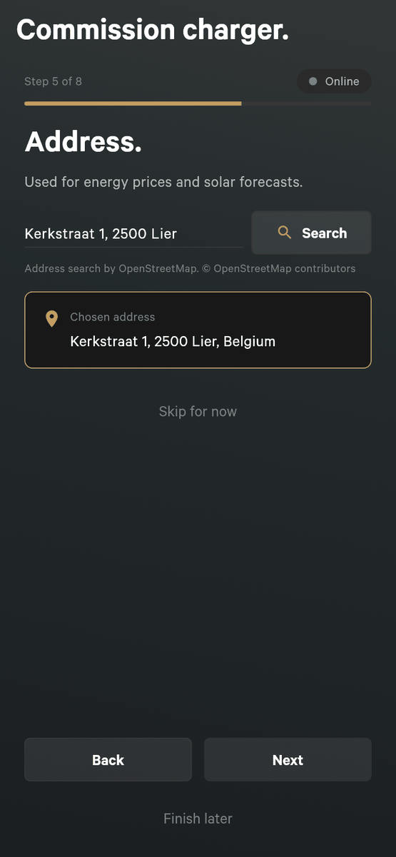 Setup step 5 of 8, Address, with the line Used for energy prices and solar forecasts, the search field showing Kerkstraat 1, 2500 Lier next to a Search button, the OpenStreetMap credit, the Chosen address card Kerkstraat 1, 2500 Lier, Belgium, and a Skip for now link