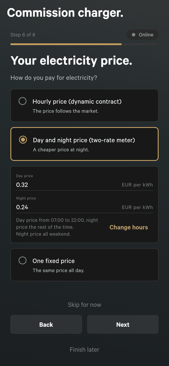 Setup step 6 of 8, Your electricity price, asking How do you pay for electricity, with Day and night price (two-rate meter) selected, a Day price of 0.32 and a Night price of 0.24 EUR per kWh, the line Day price from 07:00 to 22:00, night price the rest of the time. Night price all weekend, a Change hours link, the other choices Hourly price and One fixed price, and a Skip for now link