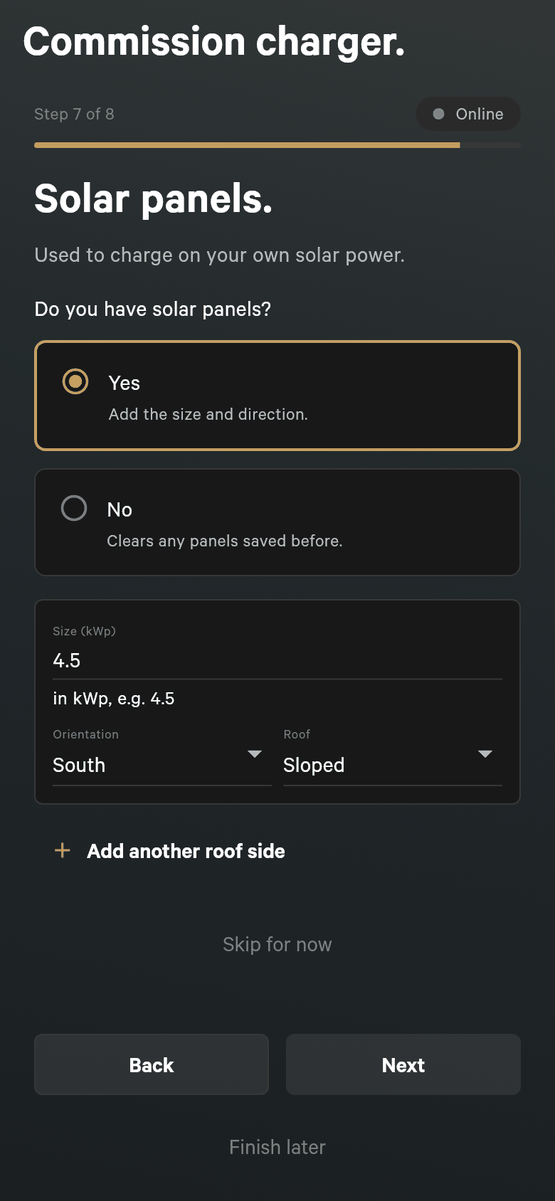 Setup step 7 of 8, Solar panels, asking Do you have solar panels, with Yes selected, one roof side of 4.5 kWp facing South on a Sloped roof, an Add another roof side button and a Skip for now link