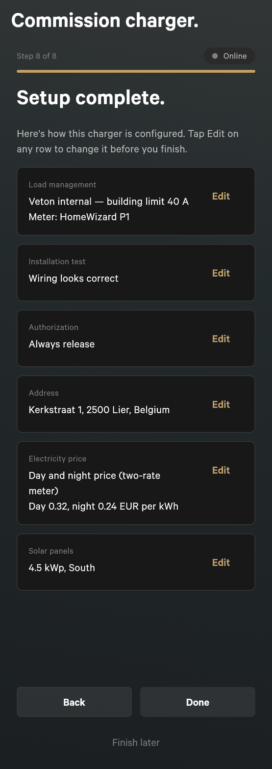Setup step 8 of 8, Setup complete, listing Load management as Veton internal with a building limit of 40 A and a HomeWizard P1 meter, Installation test as Wiring looks correct, Authorization as Always release, Address as Kerkstraat 1, 2500 Lier, Belgium, Electricity price as Day and night price at 0.32 by day and 0.24 EUR per kWh at night, and Solar panels as 4.5 kWp, South, each with an Edit button, and a Done button