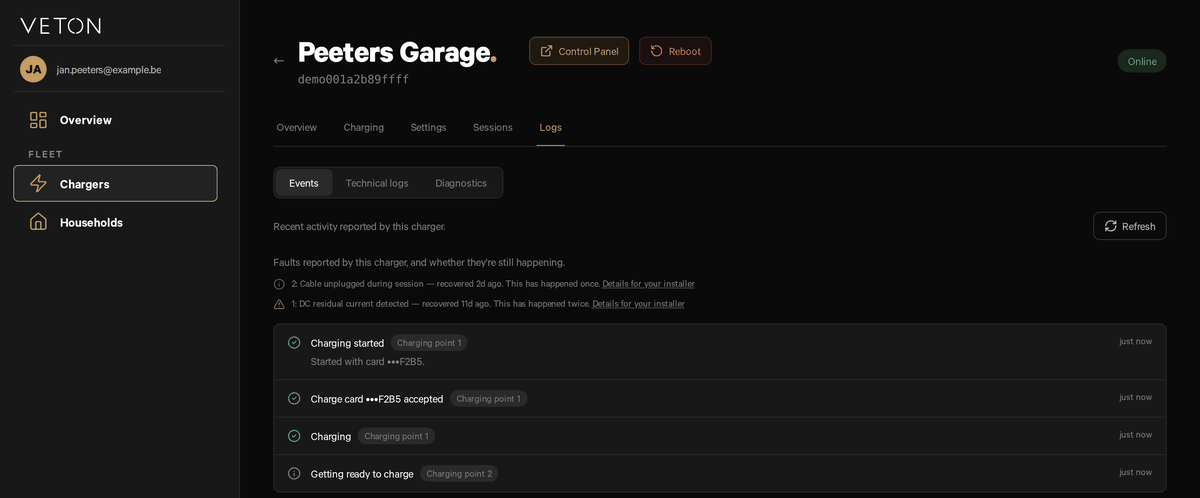 The Logs tab in Events view: the Events, Technical logs and Diagnostics switch, two recovered faults, and the recent charging events per charging point.