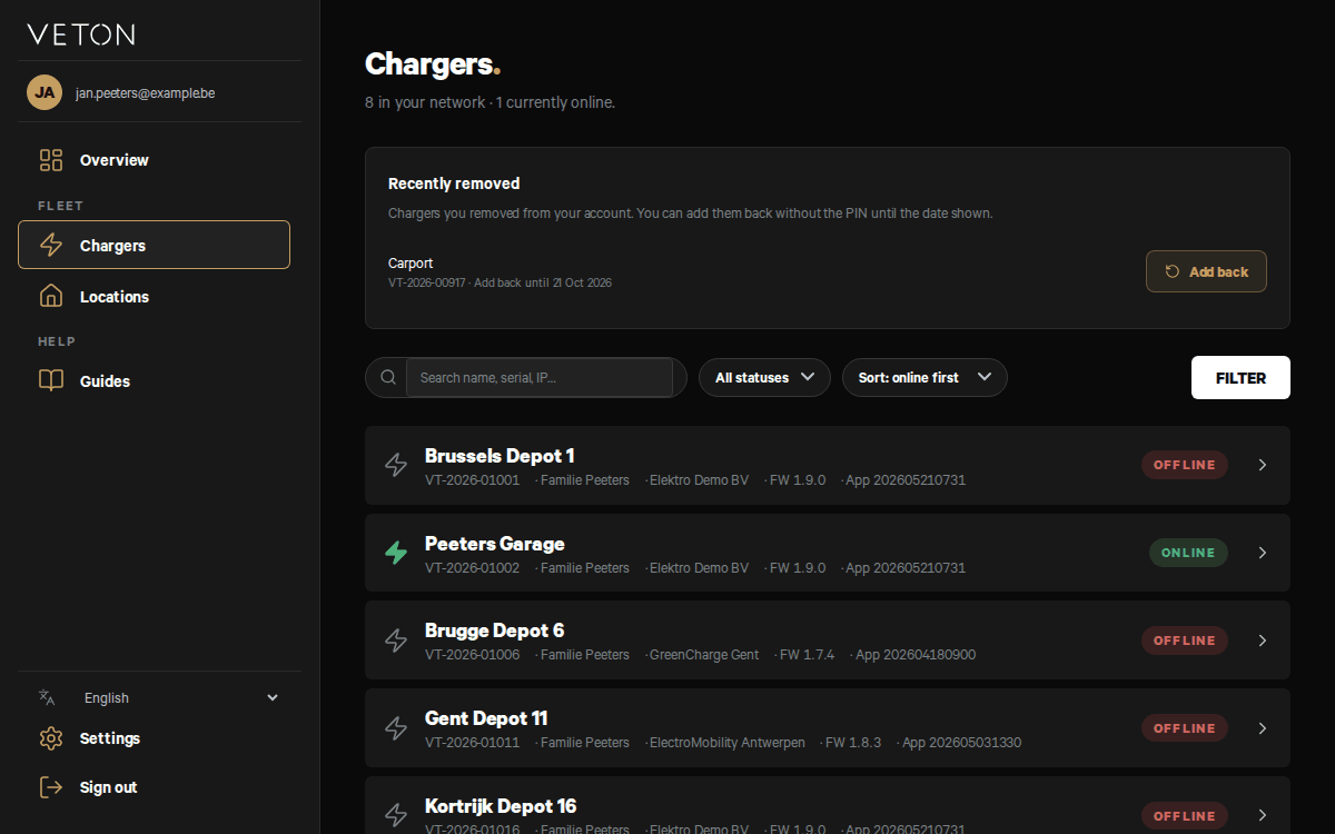The Chargers page with the Recently removed card above the search box: one charger, Carport, with Add back until 21 Oct 2026 and an Add back button, then the charger list.
