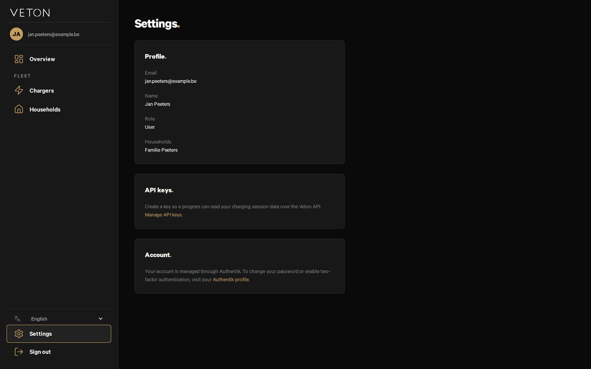 The Settings page: a read-only Profile card, an API keys card with a Manage API keys link, and the Account card that links to the account profile for password and two-factor changes.
