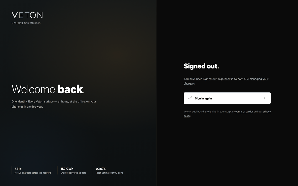 The Veton sign-in page after signing out, with a Sign in again button.